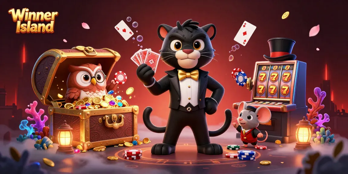 Winner Island casino scene featuring a panther dealer, owl with poker chips, and lucky mouse with vibrant game elements.