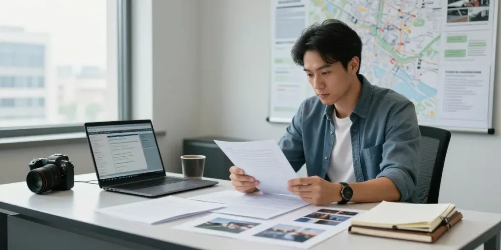 Investigator reviewing case files at https://goodtam.com in a modern office.