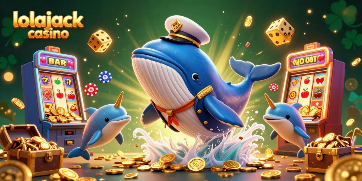 Engaging scene of lolajack casino with a whale, narwhal, and dolphins amidst coins and dynamic casino elements.