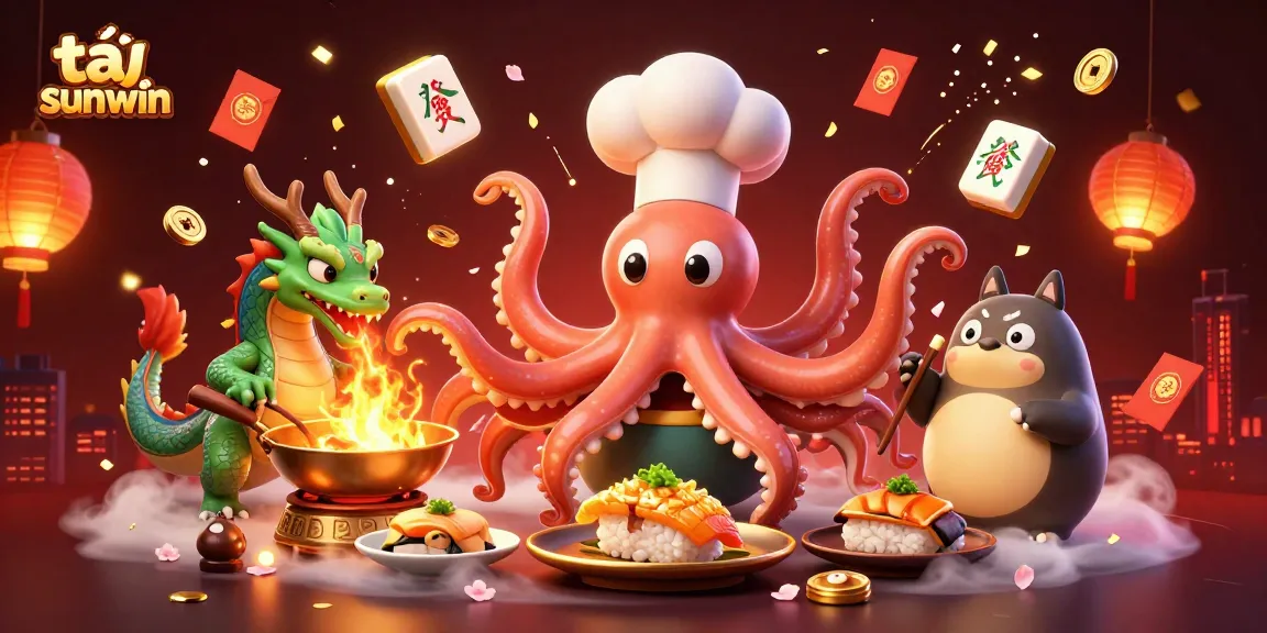 Experience the thrill of tải sunwin with a dynamic 3D illustration featuring an octopus chef, dragon, and tanuki!
