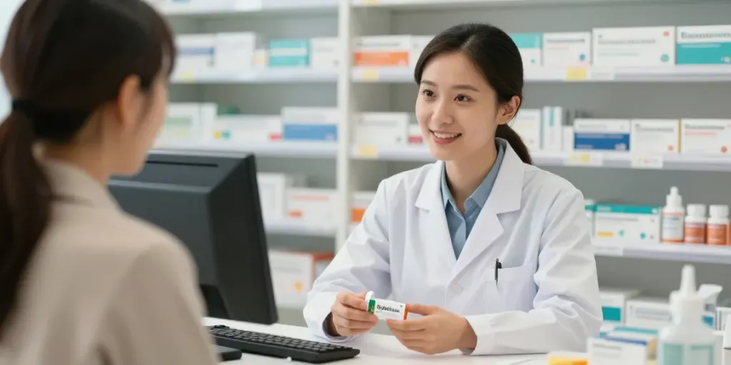 Rybelsus kopen in moderne apotheek met zorgprofessional die advies geeft