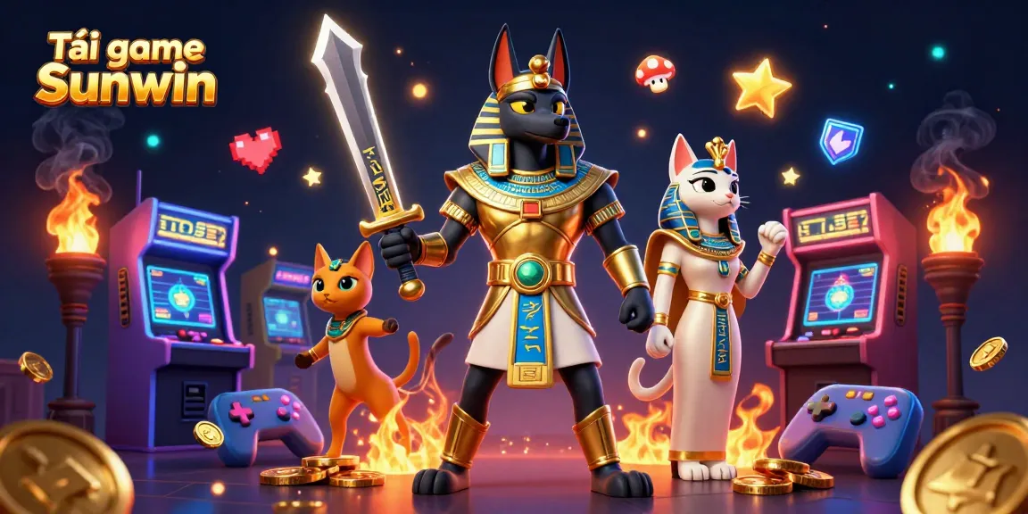 Tải game Sunwin in a vibrant 3D illustration featuring Anubis and Bastet in a casino backdrop.