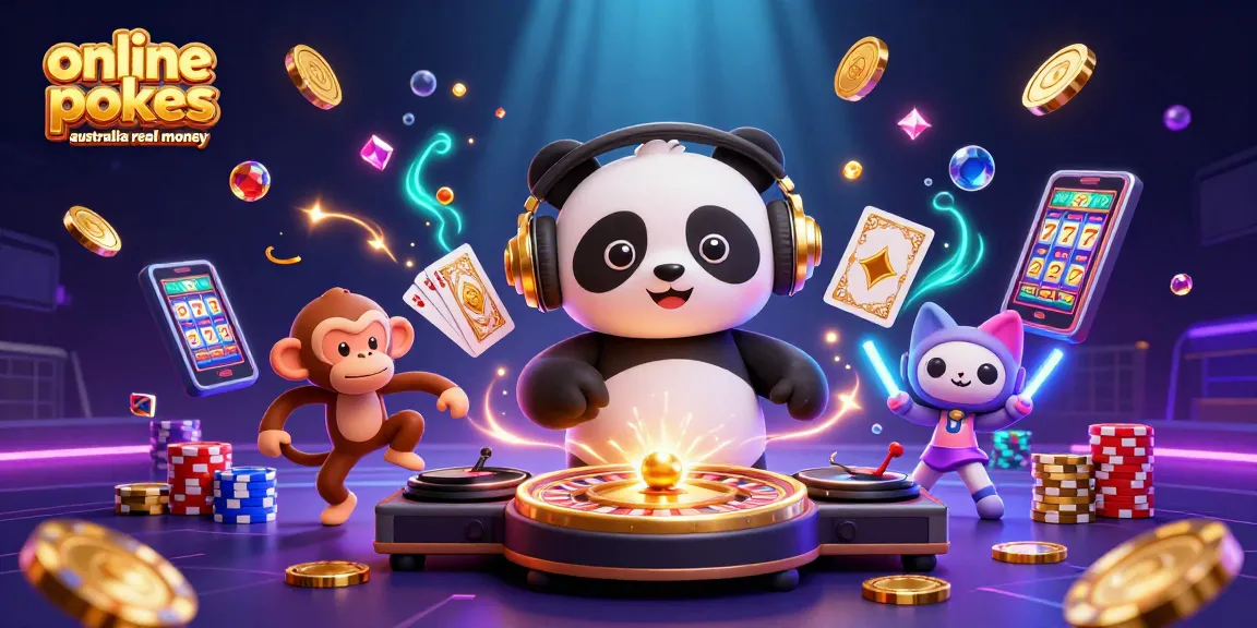 Experience online pokies Australia real money with DJ panda, dancing monkey, and rave kitten amidst cascading coins.