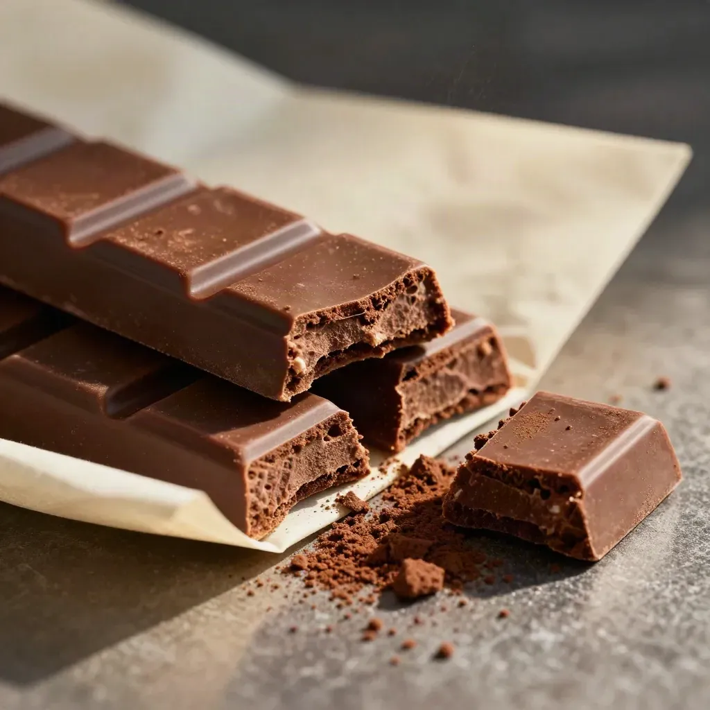 Stapel chocoladerepen met kruimels op linnen, close-up in warm rakinglicht.