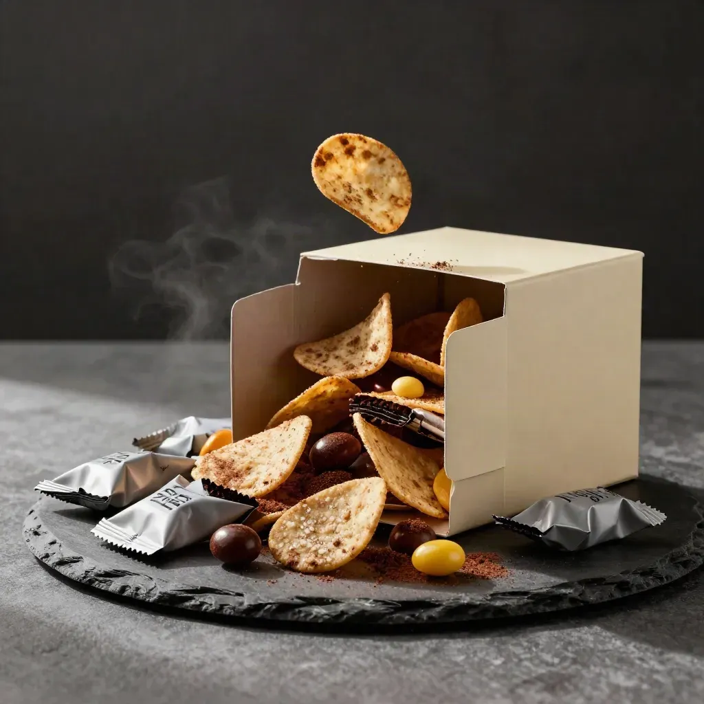 Snackdoos met chips en snoep zweeft boven een leisteenplaat in donkere studioverlichting