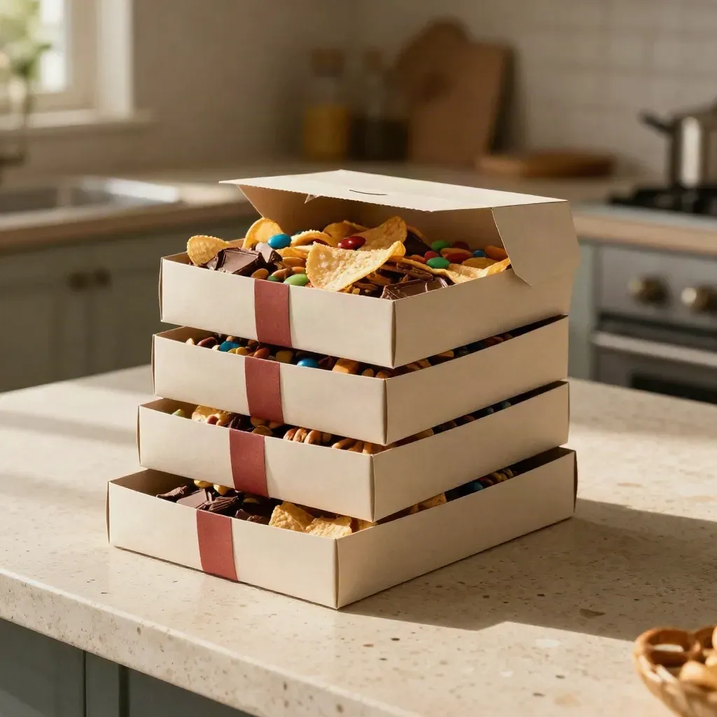 Drie feestboxen op een stenen keukeneiland met open deksels en gemengde snacks