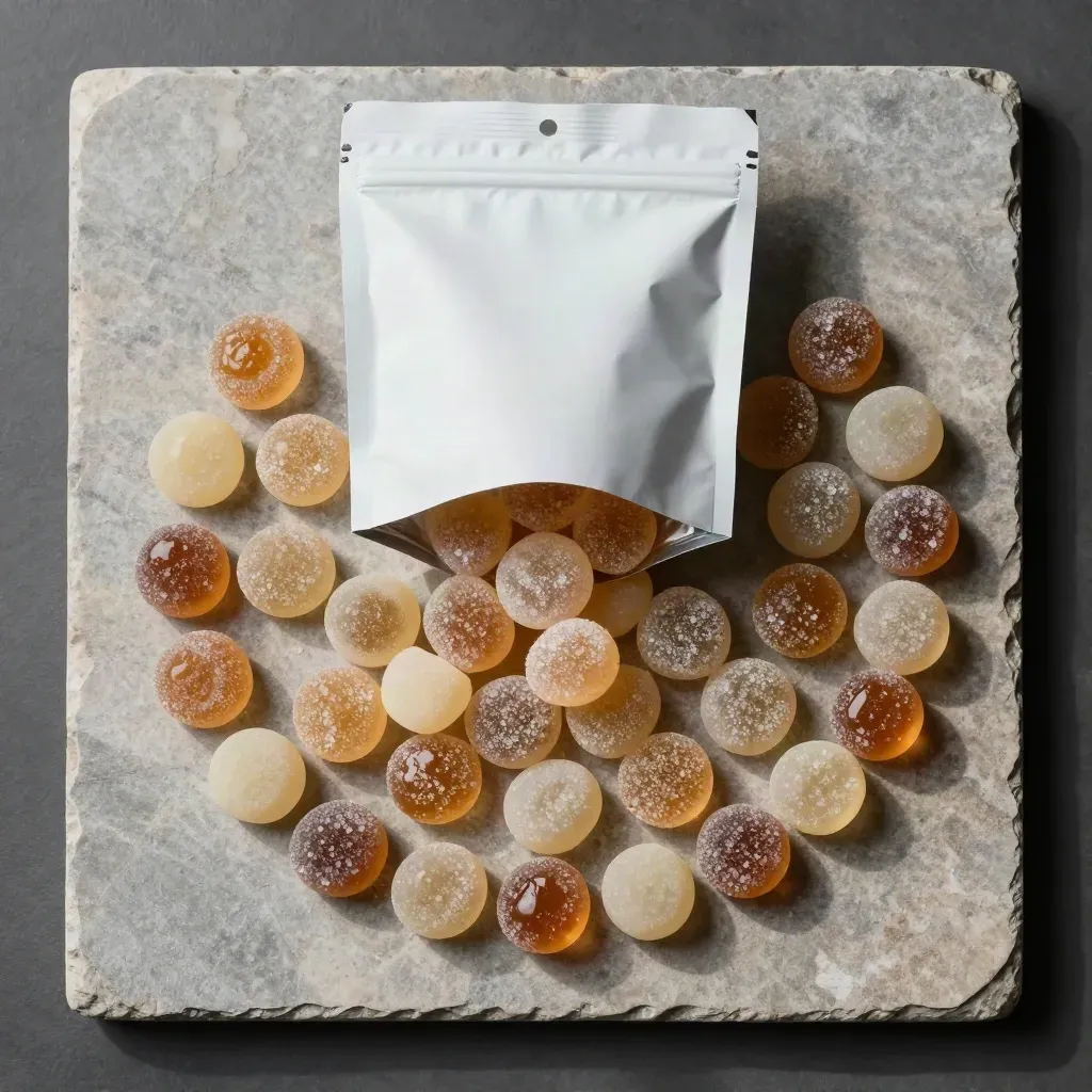 Bovenaanzicht van een open snoepzak met gummies en zure snoepjes op koel steen.