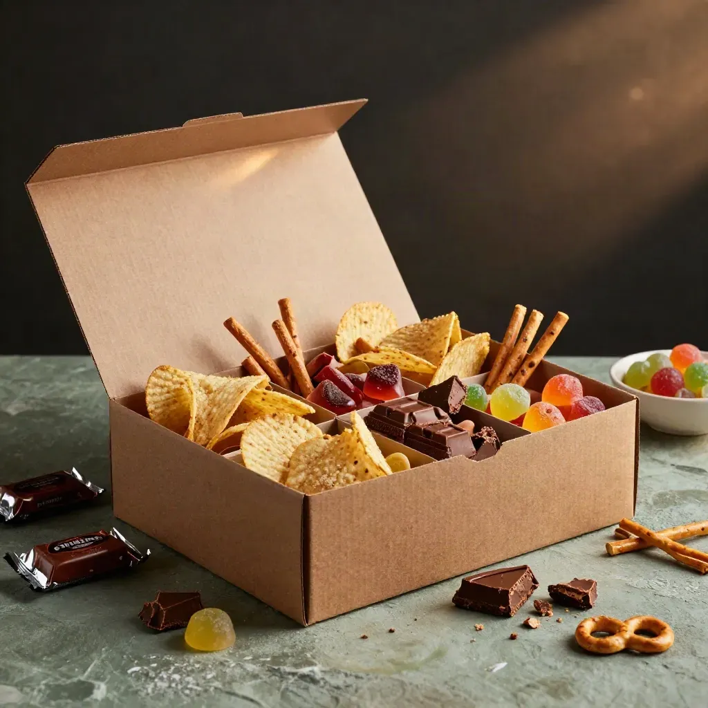 Grote snackbox met chips, snoep en chocola op een koele steen, zacht studiogloed na regen.