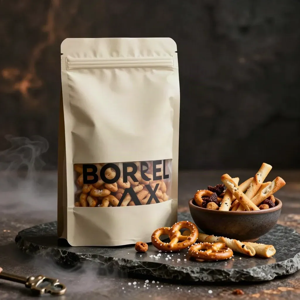 Open borrelmixzak met schaal pretzels en zoutjes op donkere steen