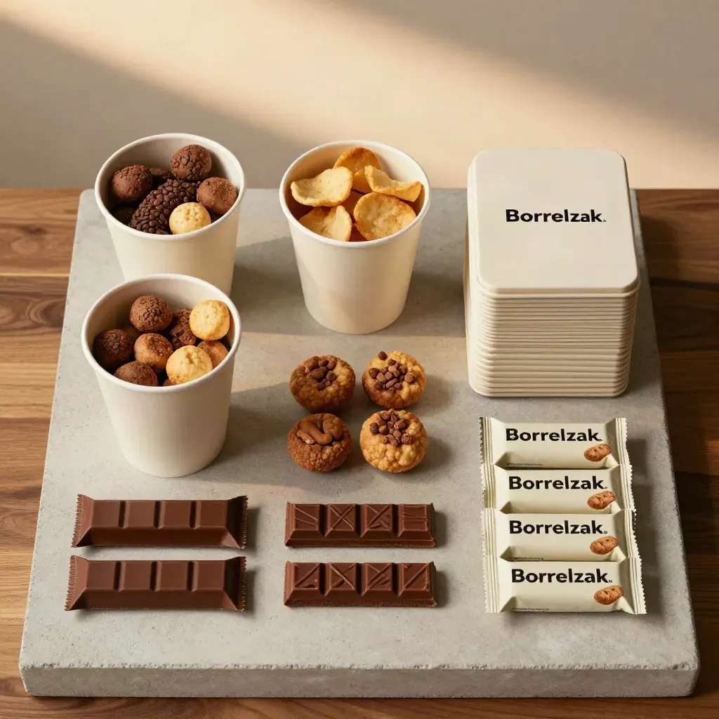 Overhead flatlay van een onbedrukt kantoorpakket met snackcups, repen en borrelzakjes op licht beton.