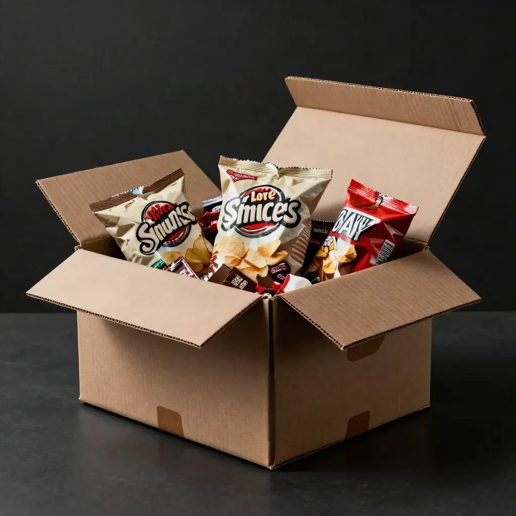 XL feestbox met chips en snoep op matte zwarte ondergrond, dramatisch uitgelicht