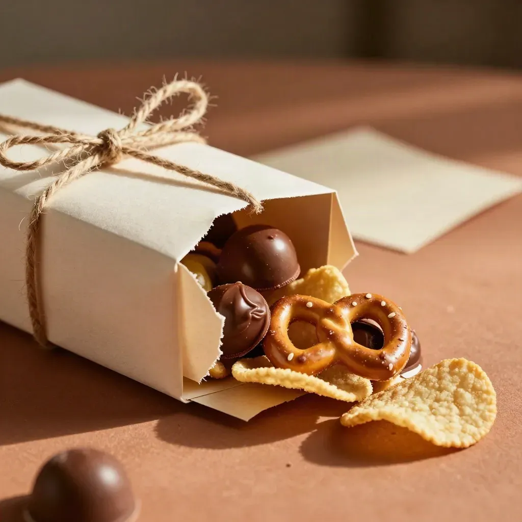Onbedrukte cadeaubox met zoete en zoute snacks, half open op terracotta ondergrond.