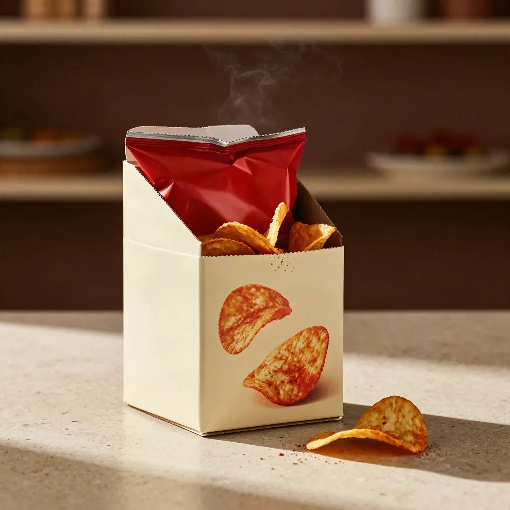 Onbedrukte doos met twaalf paprika-chipszakken, opengebroken met losse chips en kruimels op travertin.