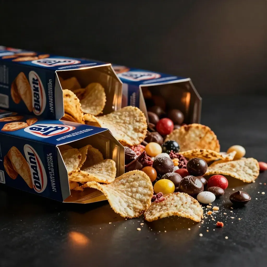 Drie open snackboxen met chips en snoep op een donkere studio-opstelling