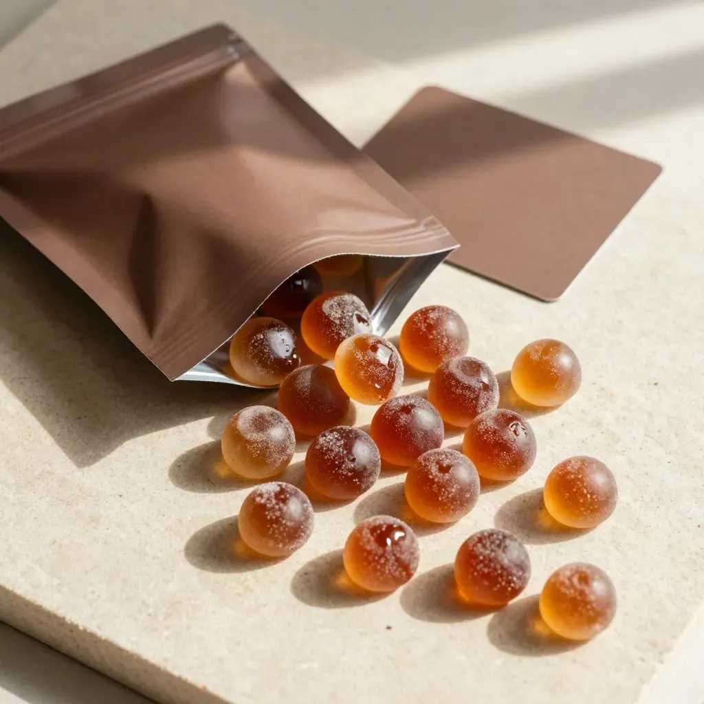 Bovenaanzicht van een open zak cola-mix met glanzende gummies op een stenen slab.