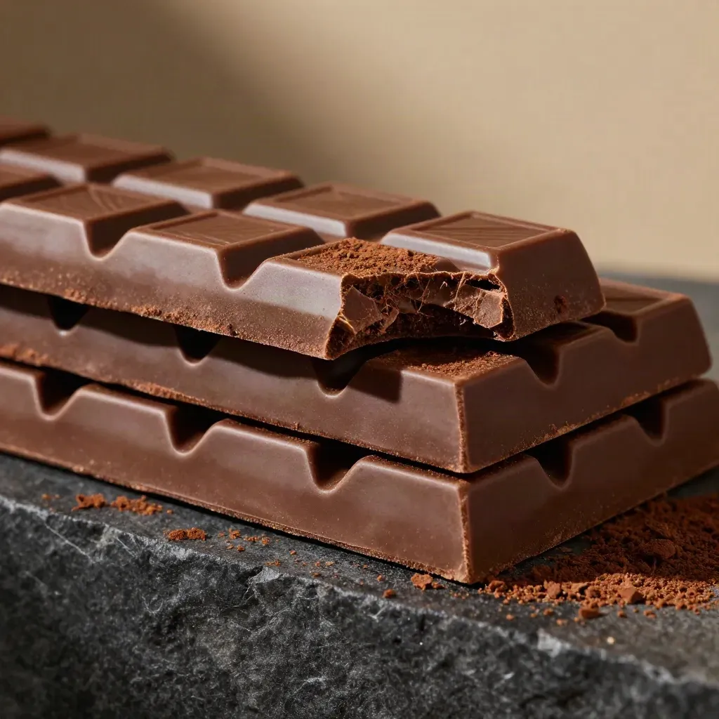 Twaalf onbedrukte chocoladerepen in macro, met een gebroken reep en cacaoschilfers in een donkere nis.