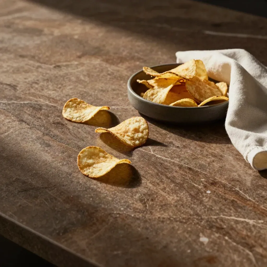 Warme marmeren snacktafel met chips, zoutkristallen en rustige ruimte voor copy.
