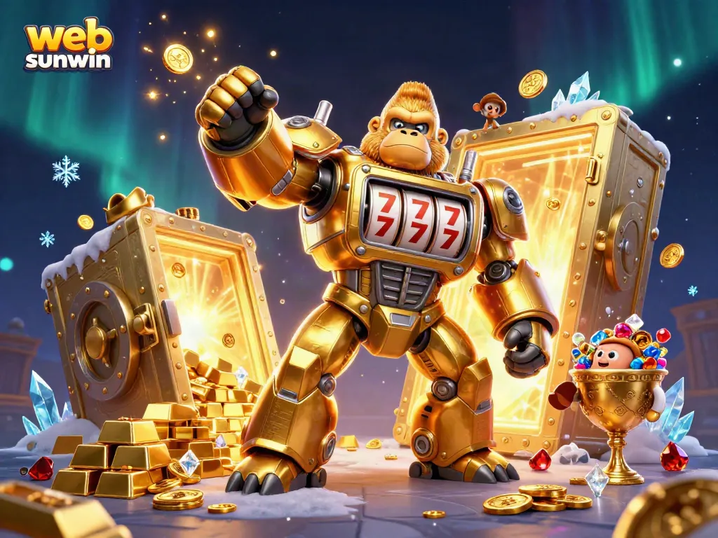 Win big with web sunwin, characterized by a golden gorilla mech and dazzling casino treasures.