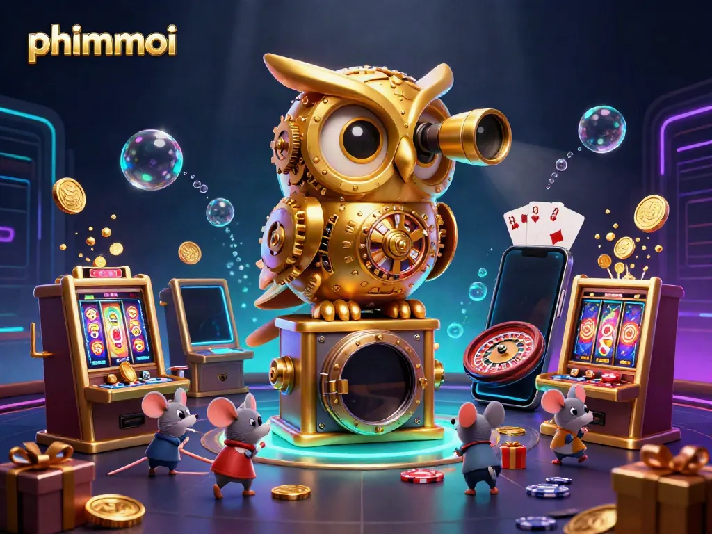 Engage with phimmoi's thrilling 3D casino scene featuring an enchanting golden owl and slot game action.