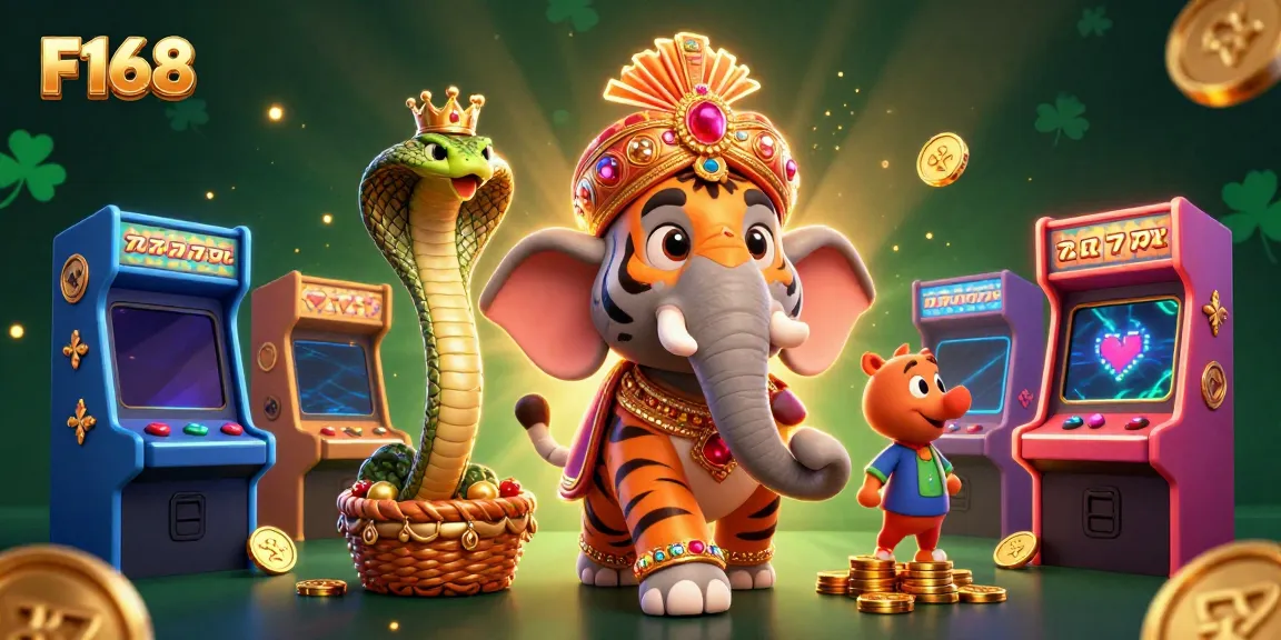 Engage with F168's vibrant casino experience featuring a jewel-encrusted elephant and interactive arcade elements for players.