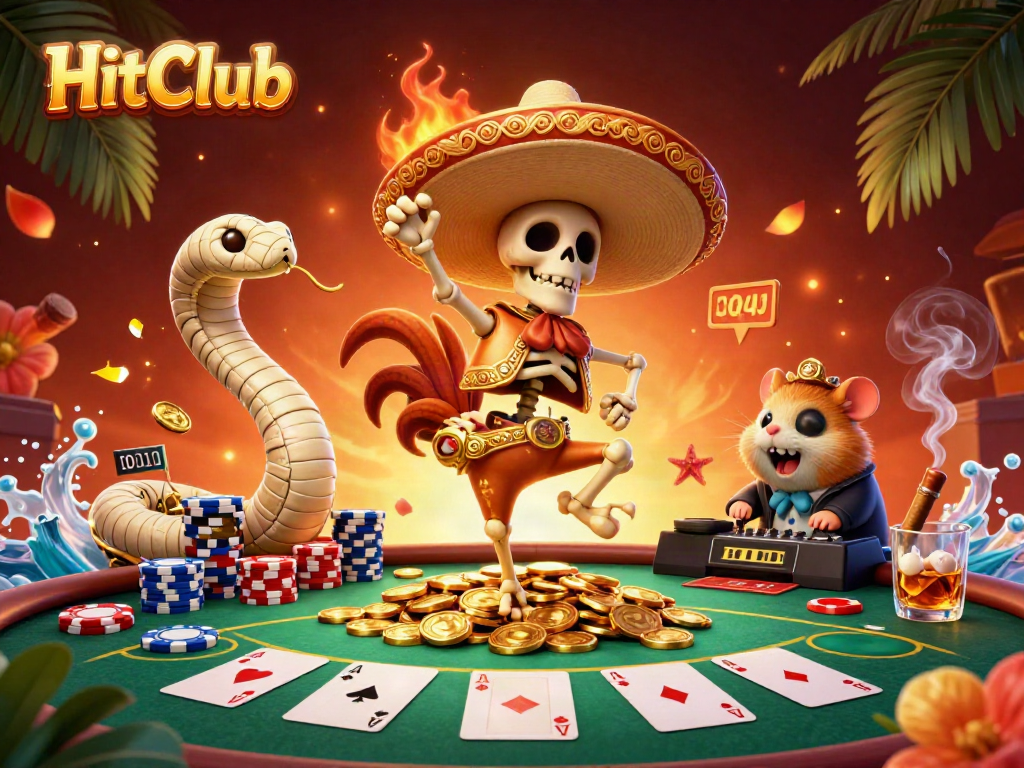 Experience the excitement of HitClub with a vibrant 3D illustration of winning moments and casino elements.