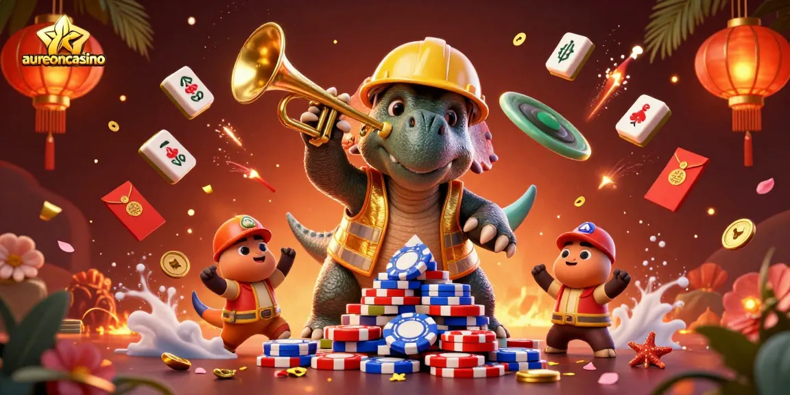 Aureoncasino players enjoy a dynamic casino atmosphere as triceratops builds poker chip pyramid.